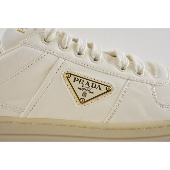 Prada Downtown Ivory Nappa Leather Gold Logo Flat Low Top Trainer Sneaker 41 - Picture 8 of 16